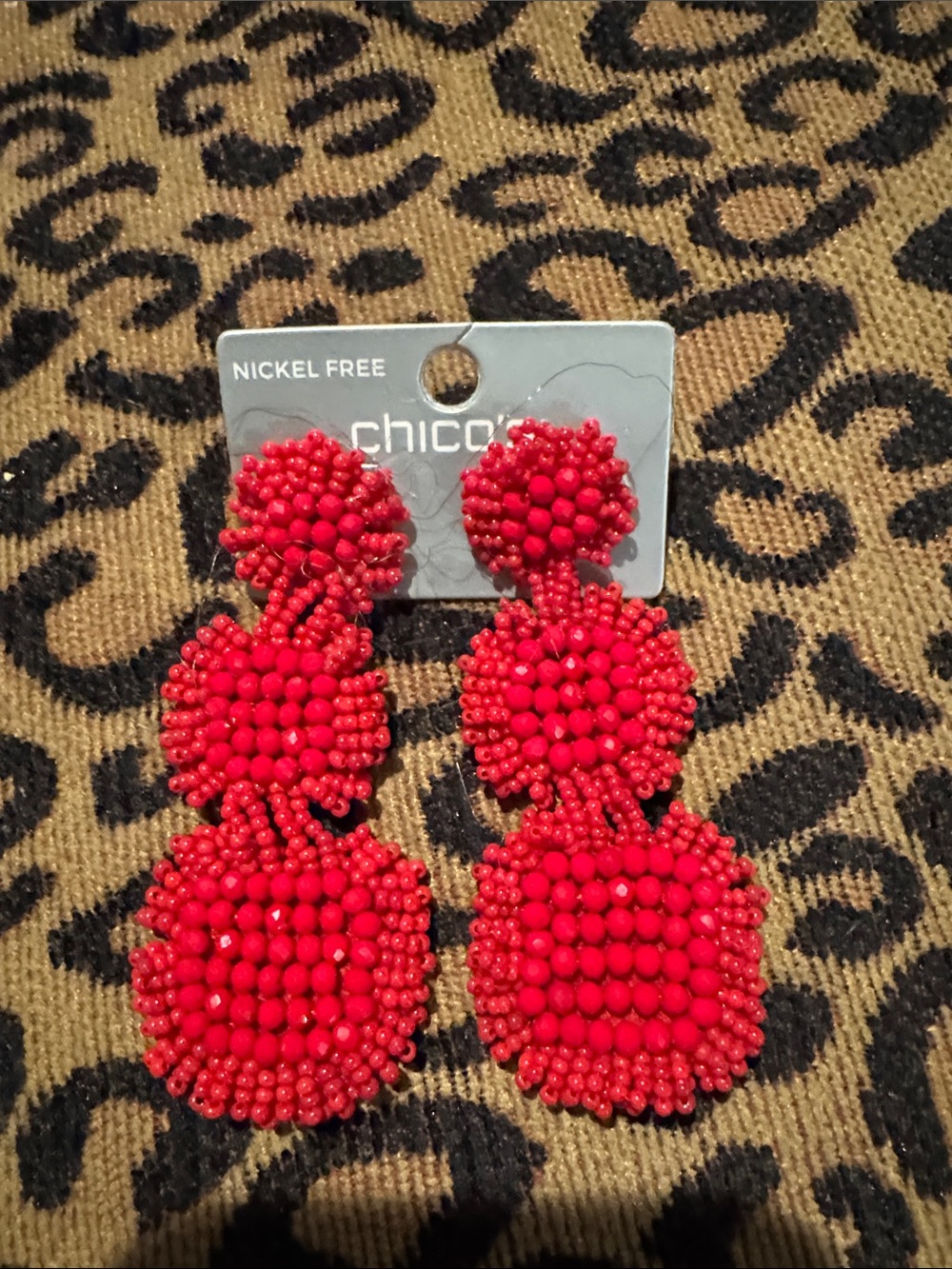 Chico's Bright Red Three-Tier Beaded Drop Earrings - NWOT